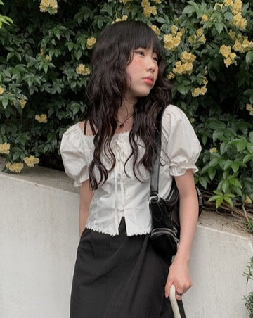 Anne Ribbon Puff Short Sleeve Blouse